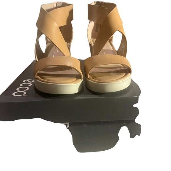 Ecco Womens Tan Leather Wedge Sandals Sz 40/9.5 w/ Zipper Cushioned Comfort NIB - Picture 4 of 8